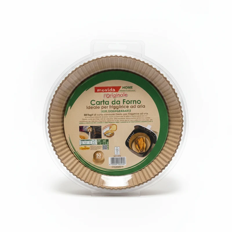 I CasAmici | Carta da Forno Rotonda a Cestello per Friggitrice ad Aria | 50 Fogli Monouso | Diametro 20 cm con Bordo 4,5 cm | 100% Biodegradabile | PFAS Free | Resistente fino a 230°C
