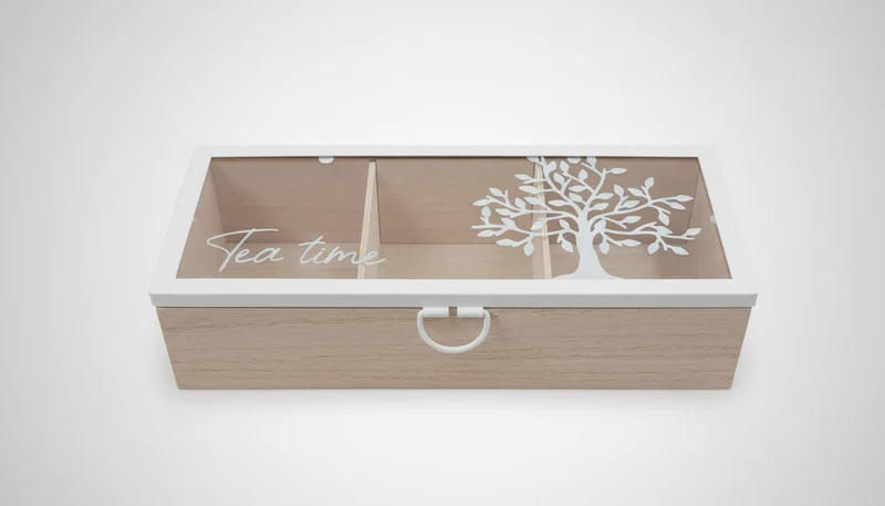 STAR Scatola Porta Bustine di Tè in Legno e Vetro | 3 Scomparti (23x10x6h cm) | Tea Time Design con Albero | Disponibile Bianco e Nero