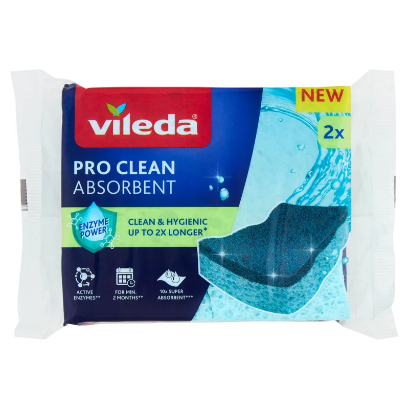 Vileda Pro Clean Absorbent 2 Pezzi – Spugna in Viscosa 10x Assorbente – Tecnologia Enzyme Power – Igiene Garantita 2 Mesi
