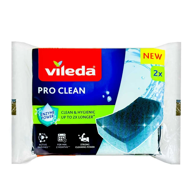 Vileda Pro Clean Classica Spugna Abrasiva 2 Pezzi – Tecnologia Enzyme Power Anti-Odore – Igiene Garantita 2 Mesi – Alta Assorbenza