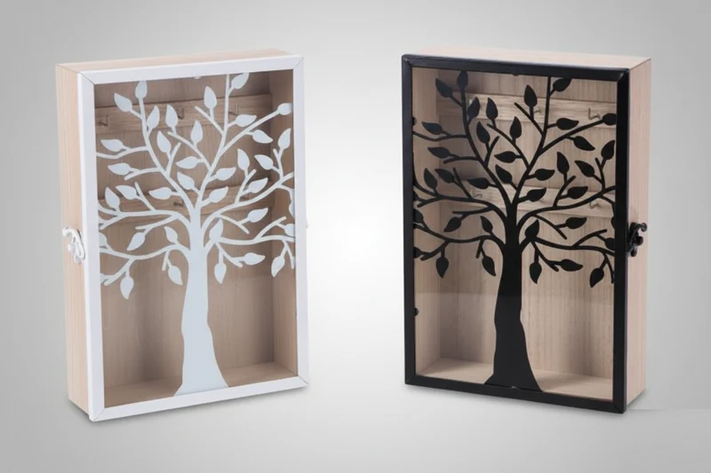 Armadietto Portachiavi da Parete 26x18 cm | Design Albero della Vita Legno & Vetro | Organizer Ingresso Moderno