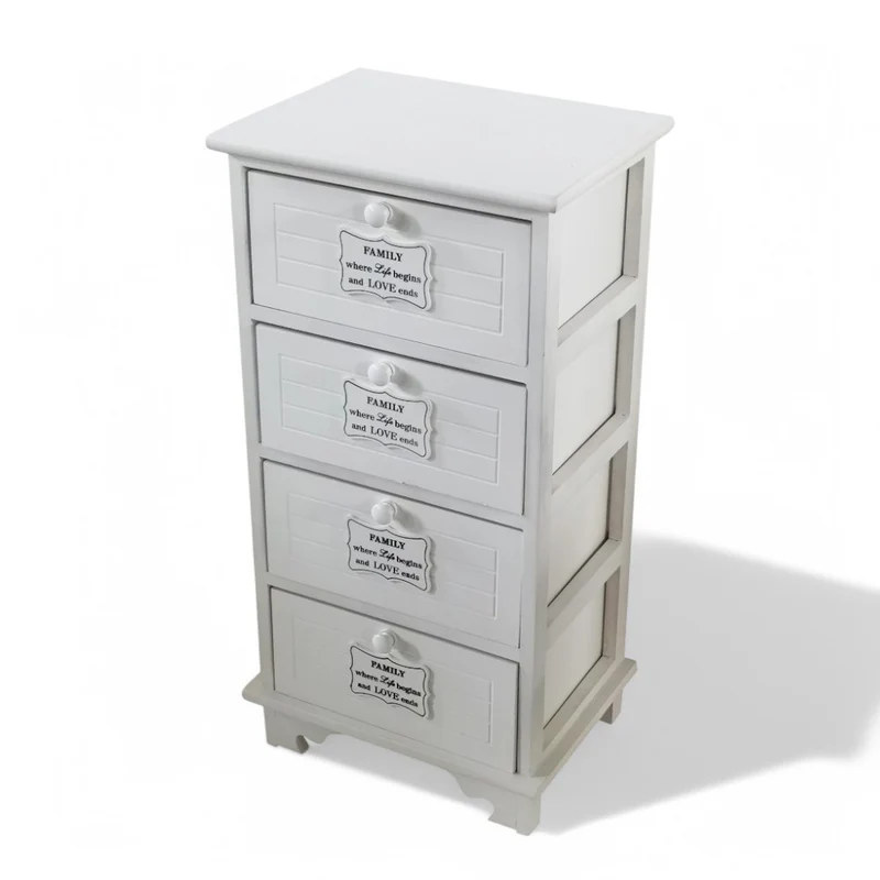 Mobiletto rettangolare bianco in legno con 4 cassetti 37x28xH73 cm