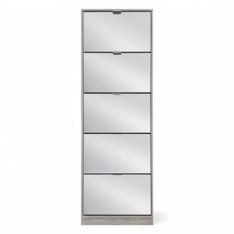 Scarpiera verticale 5 ante in legno truciolare bilaminato grigio chiaro con specchio 60x24xH180 cm