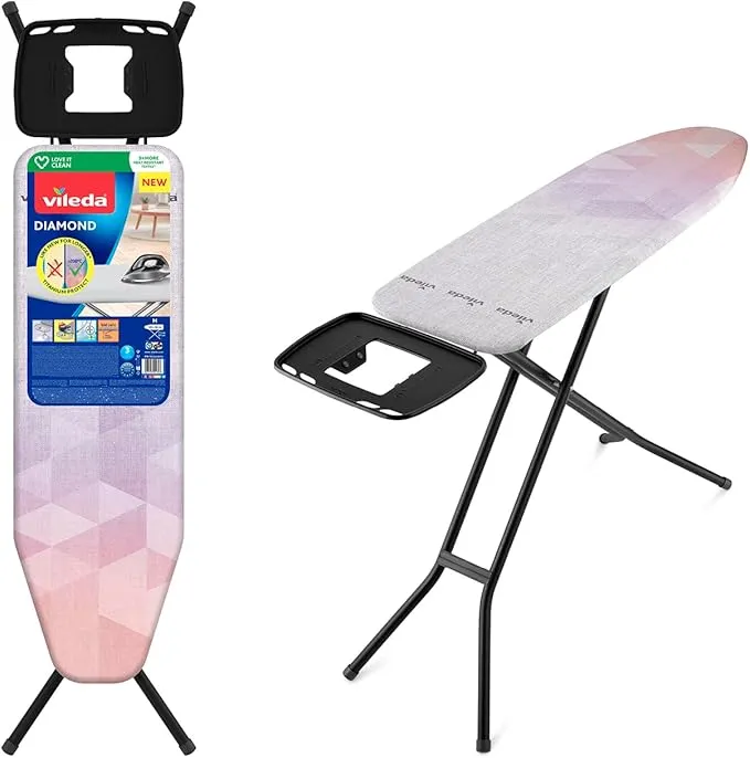 Vileda Diamond Asse da Stiro Professionale 120x38 cm | Copriasse Ultra-Resistente al Calore | Struttura Extra Stabile 28mm | Altezza Regolabile 97 cm