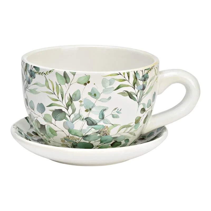 Vaso Tazza Ceramica Decoro Fiori 25x14x23 Cm