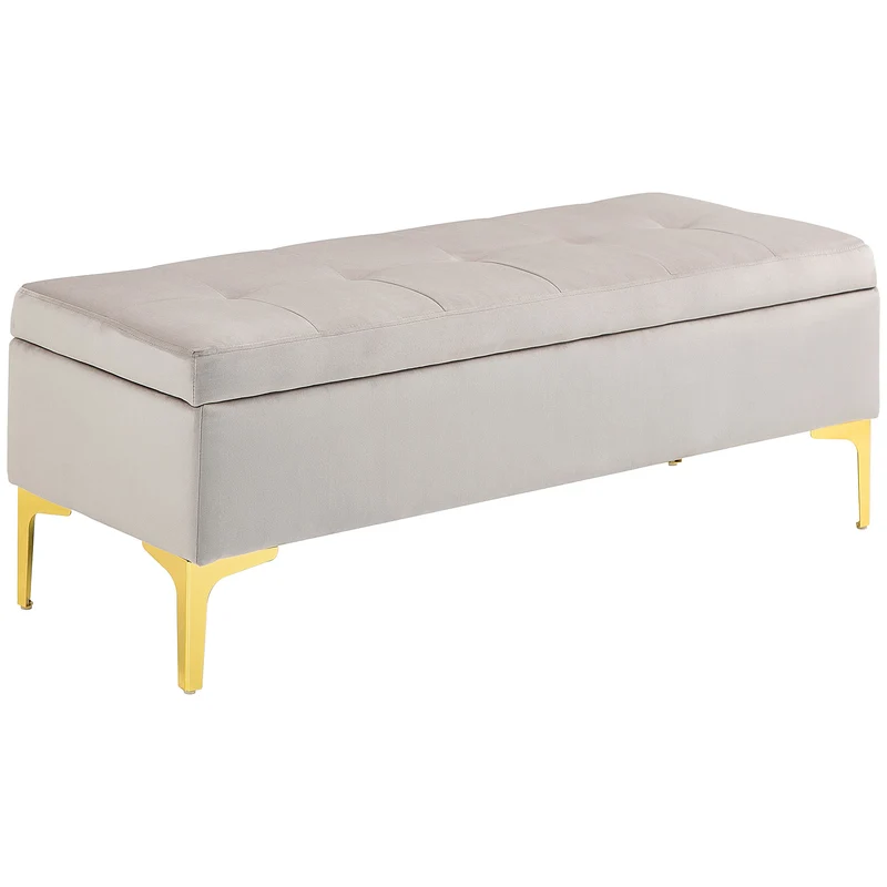 EasyComfort Panca Contenitore Fondo Letto con Tessuto Vellutato e Gambe Dorate, 120x44x44.5cm, Grigio Chiaro