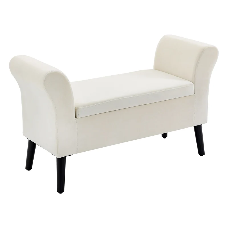 EasyComfort Panca Contenitore con Braccioli, in Tessuto Effetto Velluto e Legno, 111.5x41x65 cm, Bianco Crema