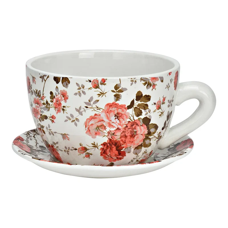 Vaso Tazza Ceramica Decoro Fiori 25x14x23 Cm