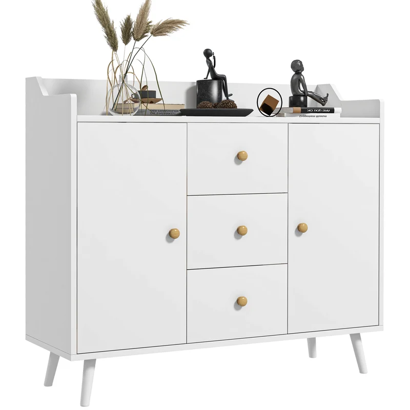 EasyComfort Credenza Moderna in Legno con 3 Cassetti e 2 Armadietti a 2 Livelli, 90x32x80 cm, Bianco