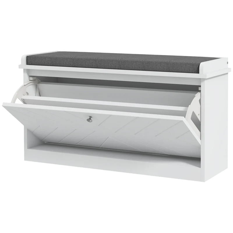 EasyComfort Panca Scarpiera Salvaspazio con Cuscino e Cassetto Ribaltabile per 8 Paia di Scarpe, Bianco