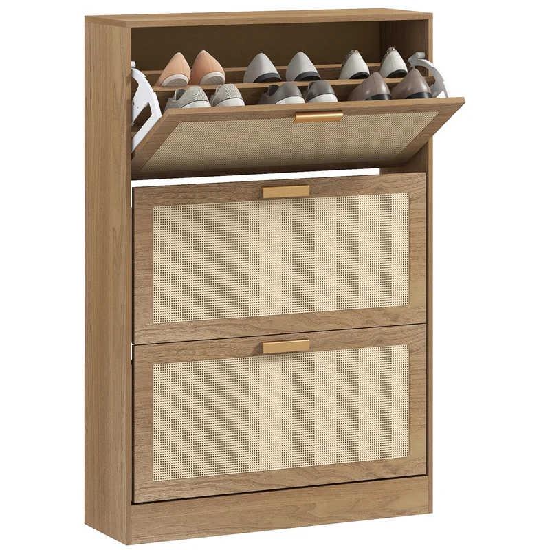 EasyComfort Mobile Scarpiera per 18 Paia di Scarpe con 3 Cassetti Ribaltabili in Legno e Rattan, 80x25x120 cm, Marrone