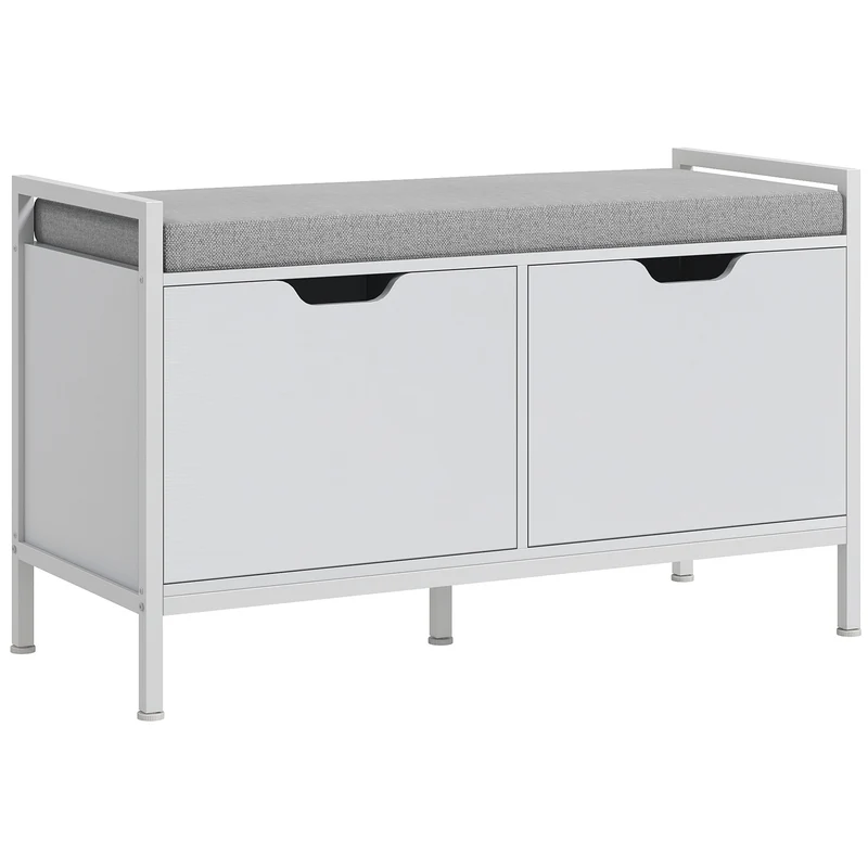 EasyComfort Panca Scarpiera a 2 Armadietti con Cuscino, in Tessuto Effetto Lino, Legno e Acciaio, 84x35x50 cm, Bianco