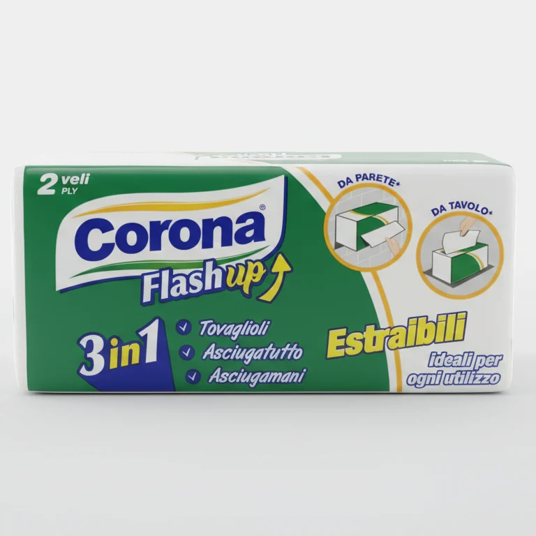 Corona Flashup 3in1 Asciugamani Monouso Estraibili | 2 Veli Pura Cellulosa | Sistema Adesivo da Parete o Tavolo | 21x21 cm