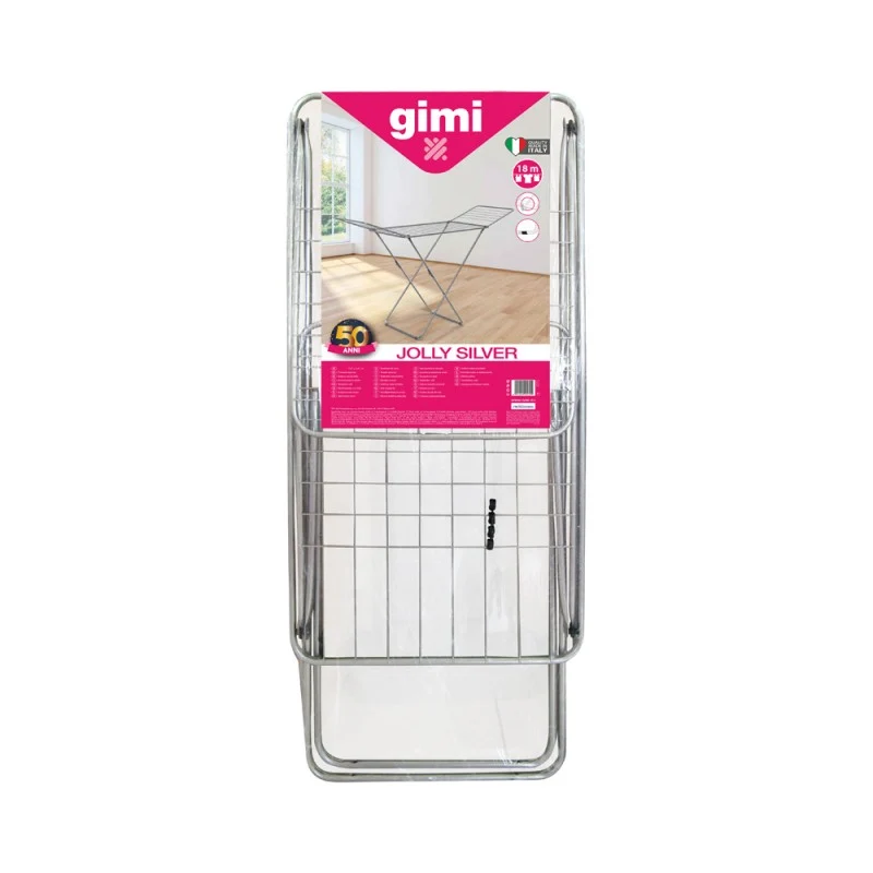 Gimi Jolly Stendibiancheria da Pavimento in Acciaio 18 Metri | Finitura Argento Antiruggine | 180x55x93 cm | Piedini Antiscivolo e Antigraffio