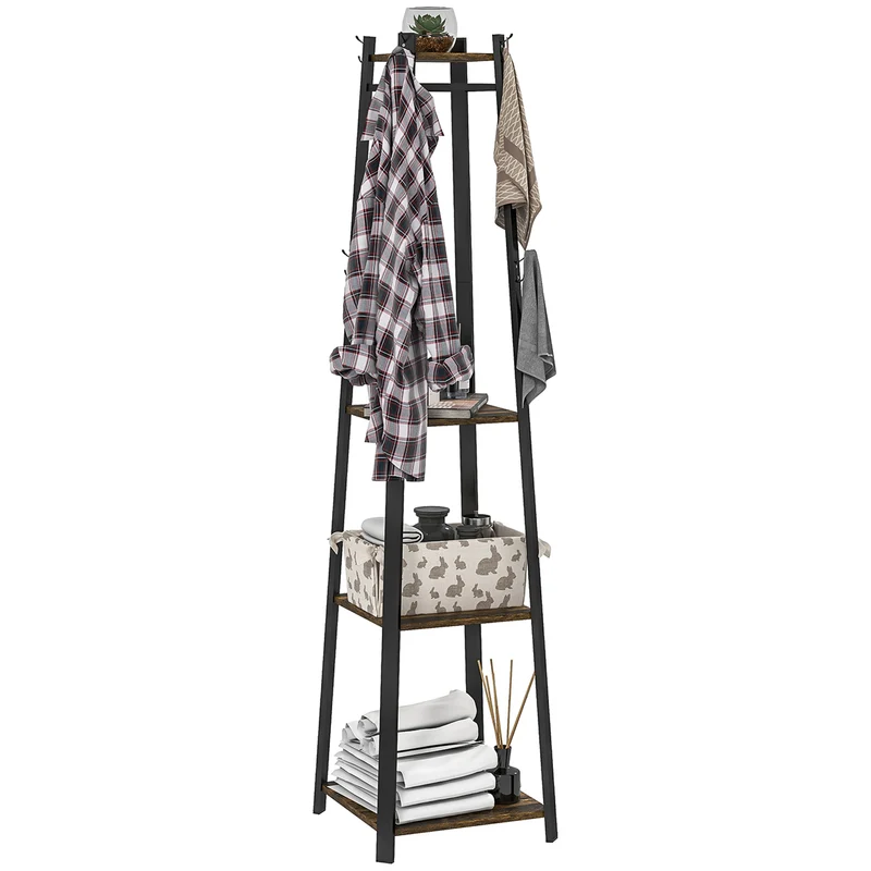 EasyComfort Appendiabiti da Terra con 8 Ganci, 3 Ripiani e Mensola Superiore, 34x34x170 cm, Marrone