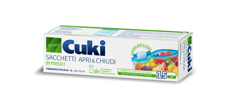 Cuki 10 Sacchetti Ermetici con Cursore – Formato Piccolo 20x15 cm – Fondo a Soffietto Autoportante – Riutilizzabili per Frigo e Freezer