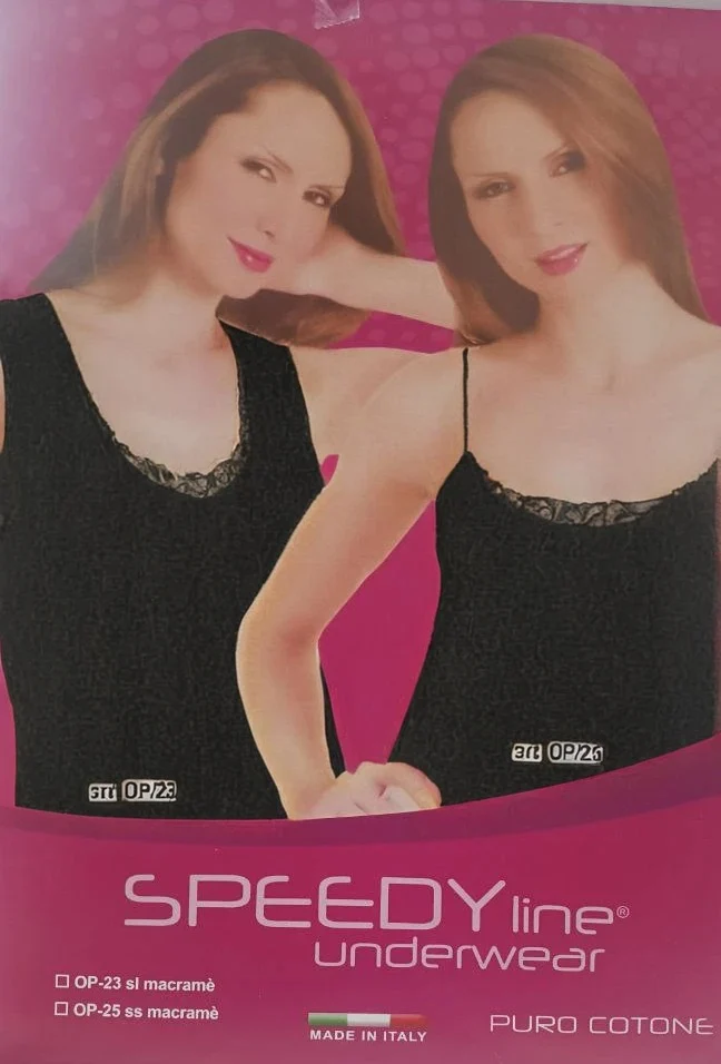 Canotta Intima Donna Nera in Cotone Pettinato – Speedy Line, Bordo Macramè Elegante