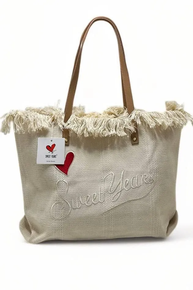 Sweet Years Borsa shopper donna in tessuto naturale panna -