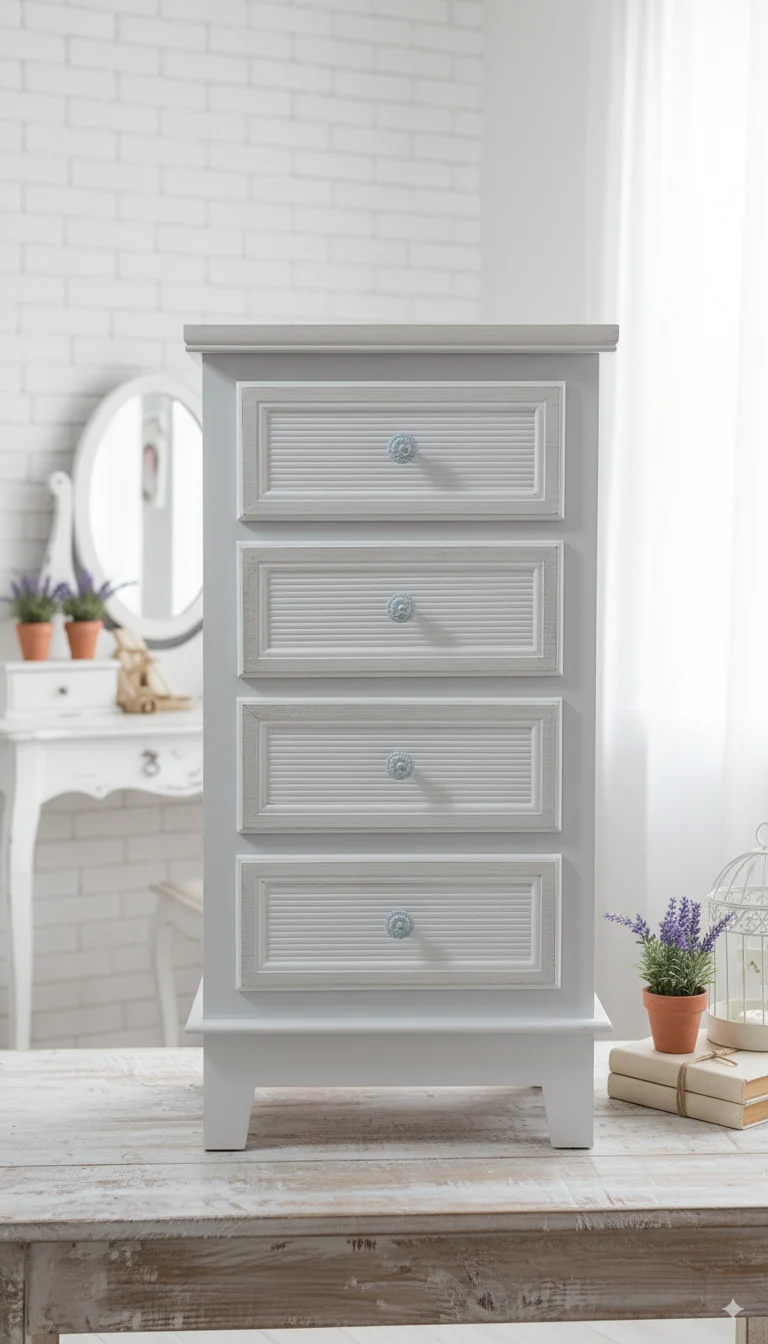 Mobiletto 4 Cassetti Shabby Chic | In MDF, Grigio e Bianco, 40x30x79h cm