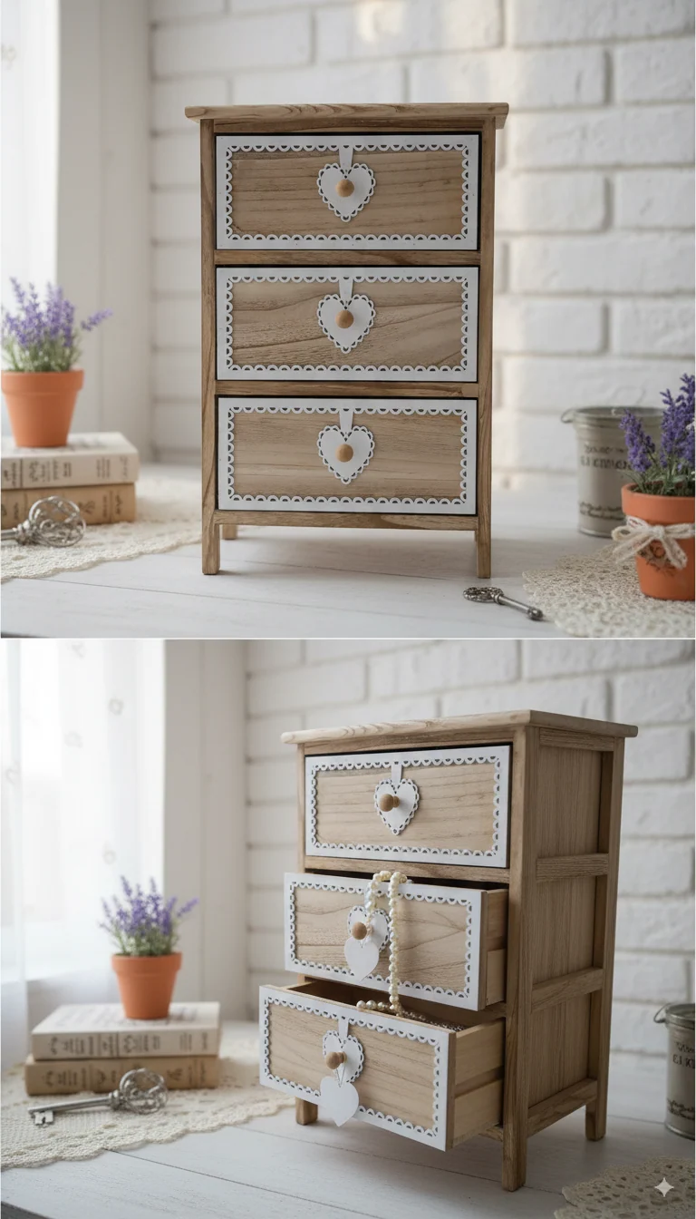 Mobiletto 3 Cassetti STAR | Stile Shabby Chic, Legno e Metallo, 30x40x58 cm