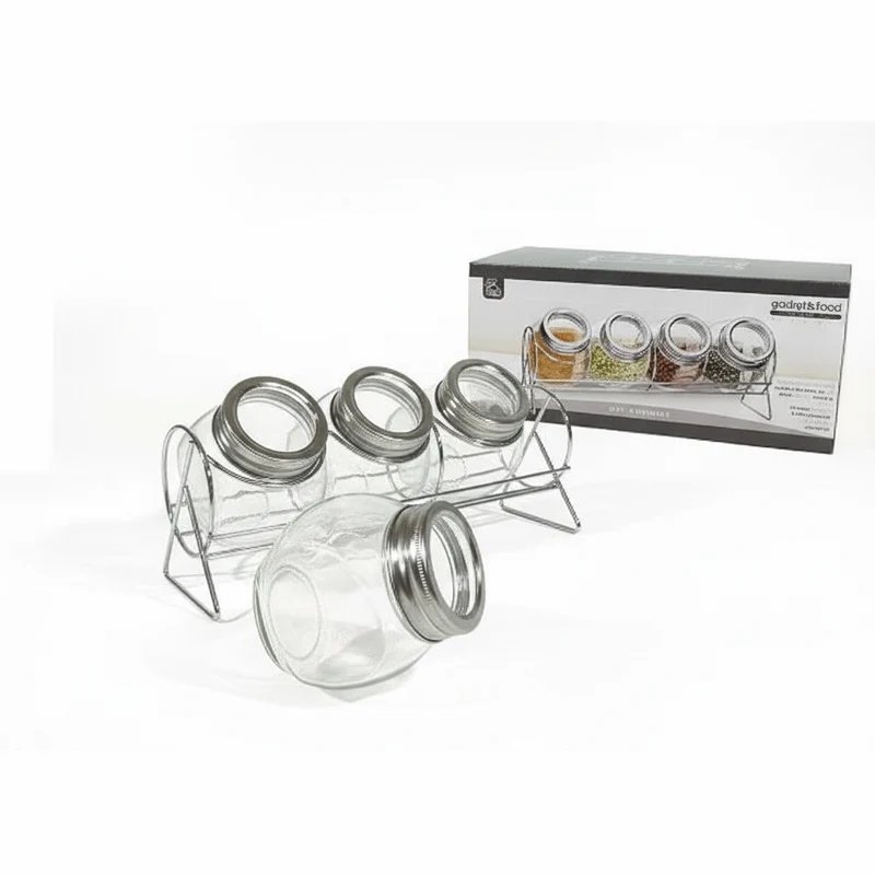 Gusto Casa Set 4 Barattoli Portaspezie in Vetro e Metallo - con Stand Cromato