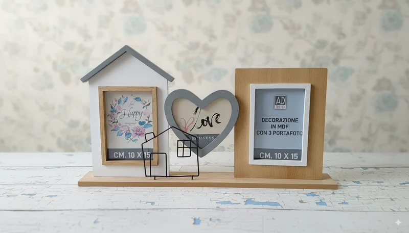 AD TREND Cornice Portafoto Multipla in MDF - 3 Foto, Cuore e Portacarte, 50.5cm