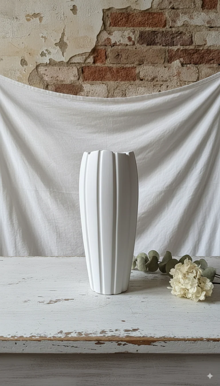 Star Vaso in Ceramica Polka - Stile Shabby Chic, Bianco con Texture a Rilievo, H 32cm