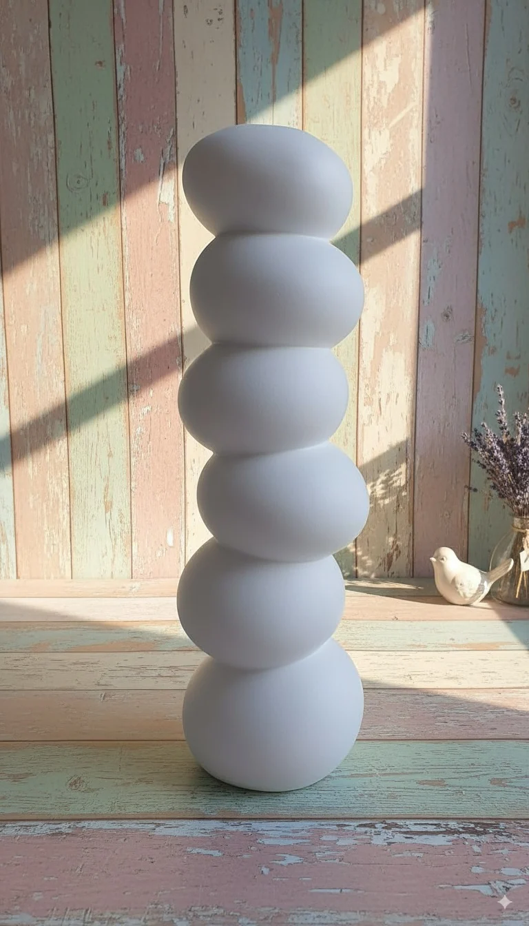 Vaso in Ceramica Stile Moderno - Design a Sassi, Bianco 14.5x12x45 cm