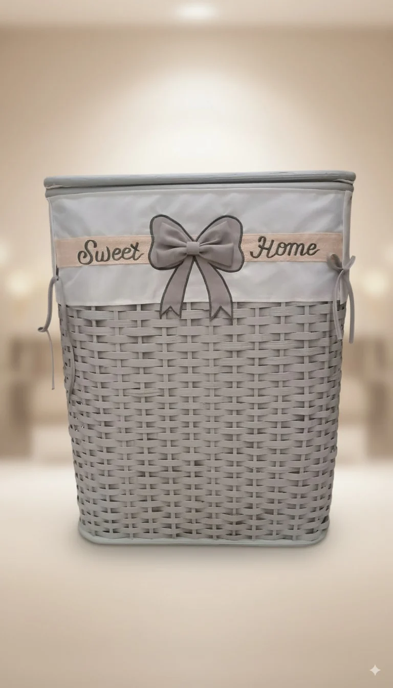 New Arcobaleno Cesto Portabiancheria "Sweet Home" in Vimini Intrecciato | Fodera in Tessuto Removibile | Design Shabby Chic Grigio e Tortora | Dimensioni 35x46x60cm