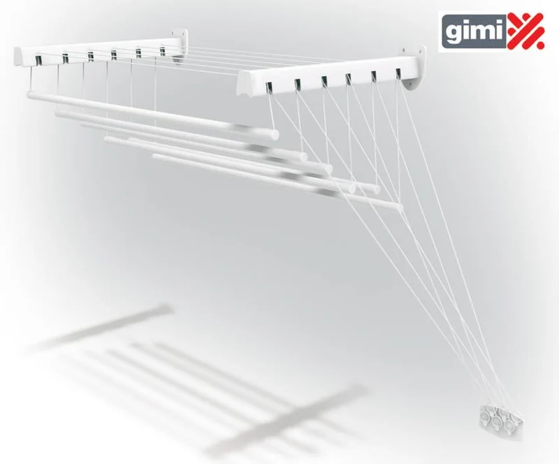 Gimi Lift 140 Stendibiancheria Saliscendi | Sistema a Parete e Soffitto con 8,5m di Stenditura | Salvaspazio in Acciaio per Lavanderia | 6 Barre Indipendenti