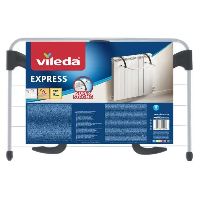 Vileda Express Stendibiancheria da Termosifone e Balcone | 3 Metri di Stesa | Bracci in Resina Termoresistenti Regolabili | Design Pieghevole Salvaspazio