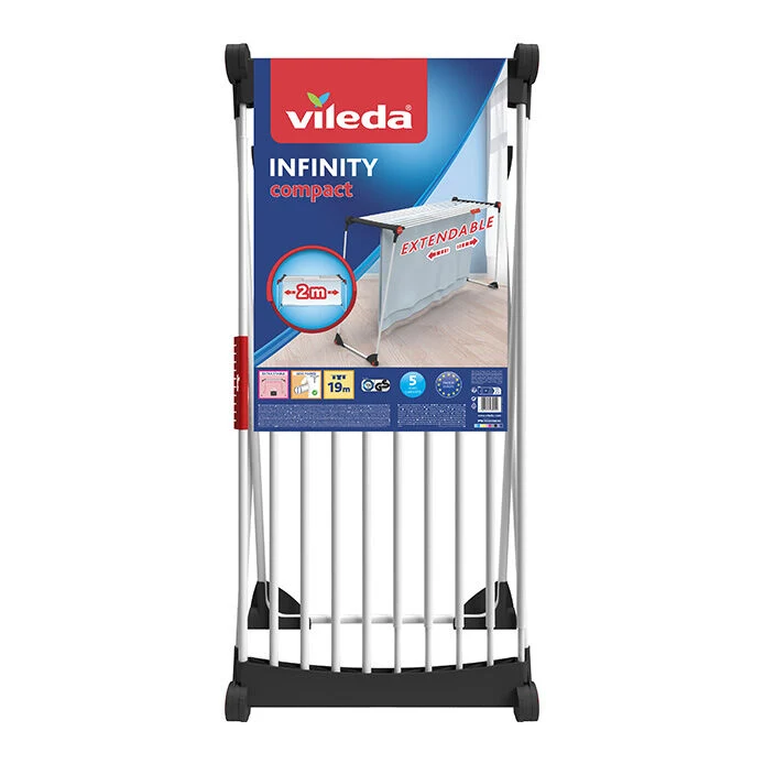 Vileda Infinity Compact Stendibiancheria Estensibile fino a 20m | Fili XL Anti-Piega | Struttura in Acciaio Robusta | Ideale per Lenzuola e Grandi Capi | Design Compatto