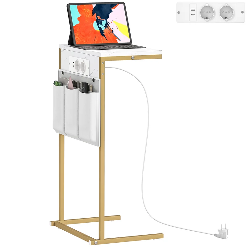 EasyComfort Tavolino da Salotto a Forma di C Effetto Marmo con Prese di Corrente e USB Integrate, Bianco
