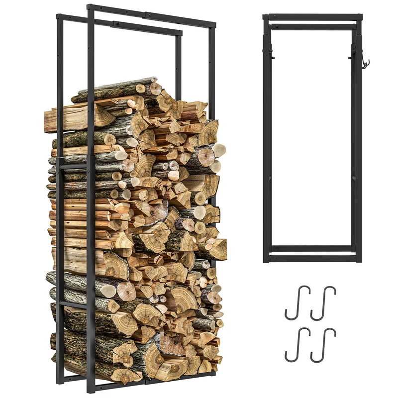 EasyComfort Portalegna da Interno ed Esterno Regolabile in Metallo con Ganci a S, 40-65x25x100-150 cm, Nero