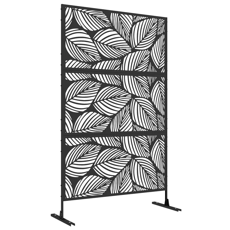 EasyComfort Paravento da Esterno Decorativo in Acciaio Traforato con Design a Foglie, 122x198cm, Nero
