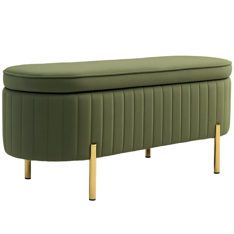EasyComfort Panca Contenitore Ovale da 72L con Coperchio Sollevabile, in Tessuto Effetto Velluto e Legno, 108x44x43.5 cm, Verde