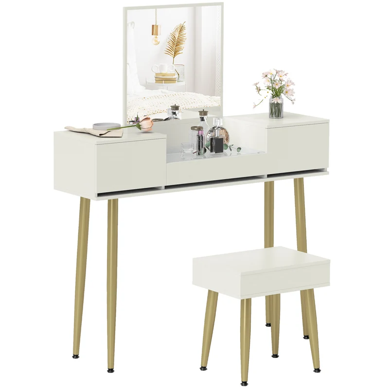 EasyComfort Set Tavolo da Trucco con 3 Cassetti e Specchio con Sgabello da Trucco Portaoggetti, Bianco