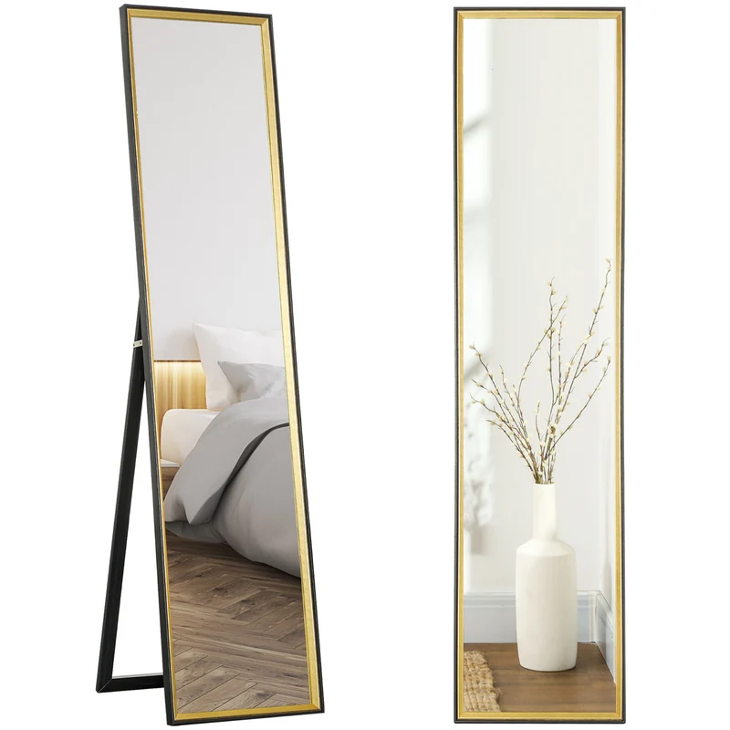 EasyComfort Specchio a Figura Intera con Supporto Posteriore e Cornice, in Legno e Vetro, 37x3x157 cm, Nero e Oro