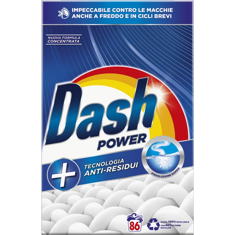 Dash Detersivo Lavatrice in Polvere 86 Lavaggi – Tecnologia Anti-Residui, Efficace a Freddo, Pulito Impeccabile, Confezione Riciclabile