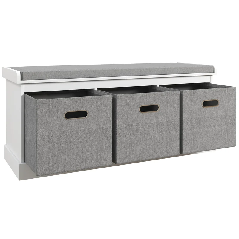 EasyComfort Panca Scarpiera in Legno con 3 Cassetti e Seduta in Tessuto per 3 Paia di Scarpe, 105x35x47 cm, Bianco