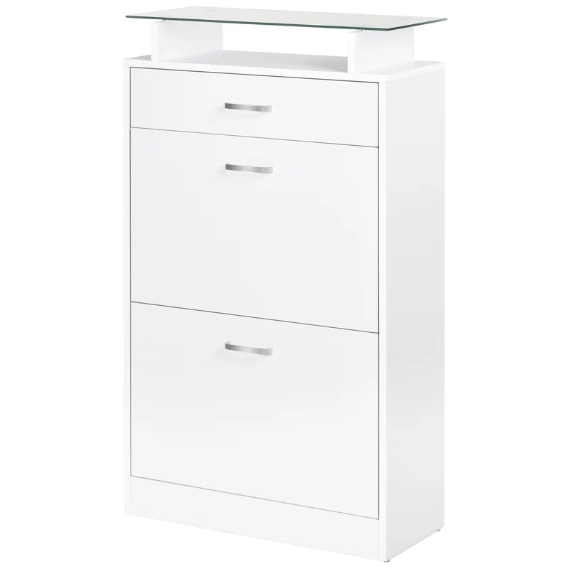 EasyComfort Mobile Scarpiera in Legno con 2 Ante a 2 Livelli, Cassetto e Ripiano in Vetro 60x24x105.5 cm, Bianco