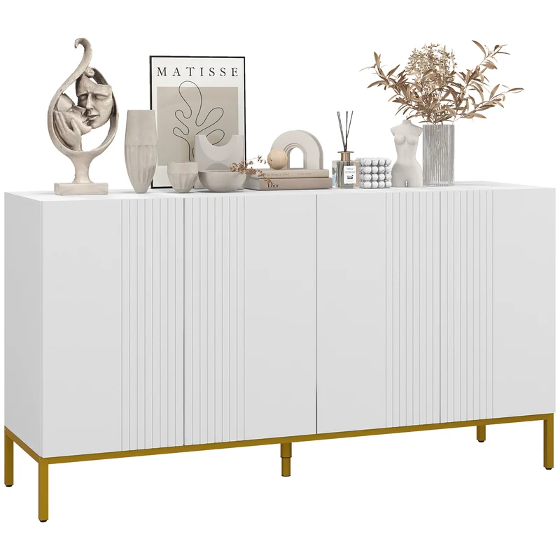 EasyComfort Credenza Moderna a 4 Ante con Chiusura Ammortizzata e Mensole Regolabili, 140x40x75cm, Bianco e Oro