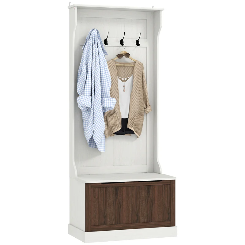 EasyComfort Mobile Appendiabiti 3 in 1 con 4 Ganci e Panca Contenitore, in Legno, 71.5x39.5x170 cm, Bianco