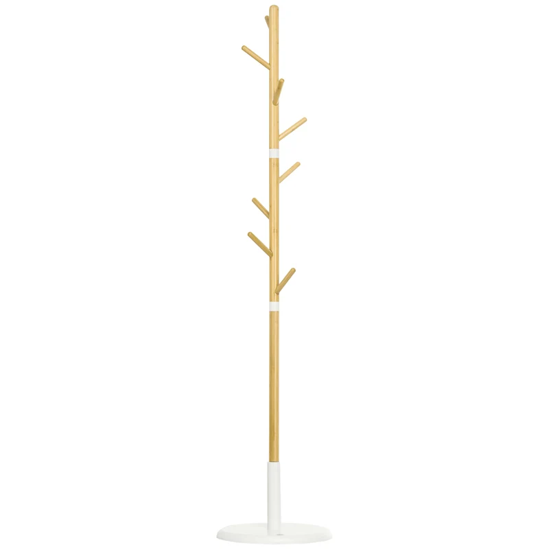 EasyComfort Albero Appendiabiti a 8 Ganci con Base Rotonda in Bambù, Legno e Metallo, Ø37.8x175.6 cm, color Legno e Bianco