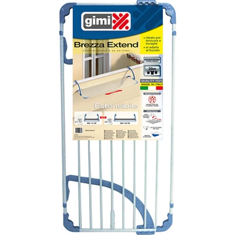 Gimi Brezza Extend Stendibiancheria da Balcone Estensibile | Da 11 a 20 Metri di Stenditura | Struttura in Alluminio e Resina Antiruggine | Bracci Regolabili e Robusti | Design Salvaspazio per Ringhiere e Balaustre