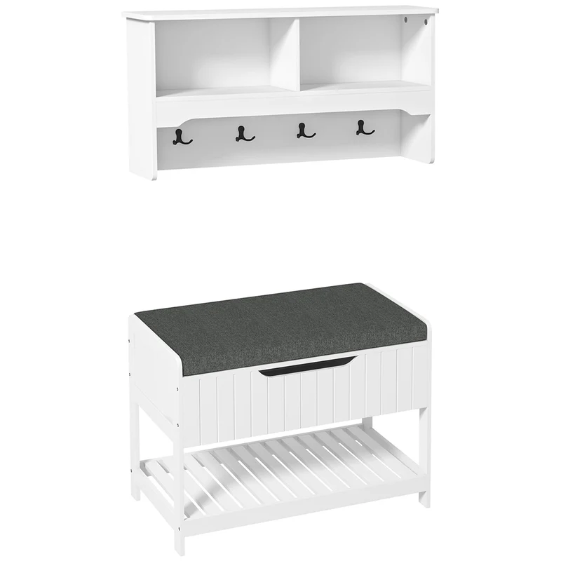 Easycomfort Mobile Appendiabiti a Muro con Panca Scarpiera per Ingresso e Corridoio, 80x20x40 cm, Bianco