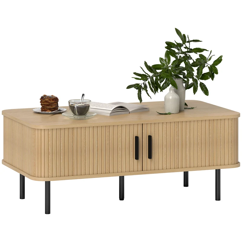 EasyComfort Tavolino da Caffè con 2 Ripiani Portaoggetti e Ante Scorrevoli, in Legno e Acciaio, 100x55x40 cm, Nero e Rovere