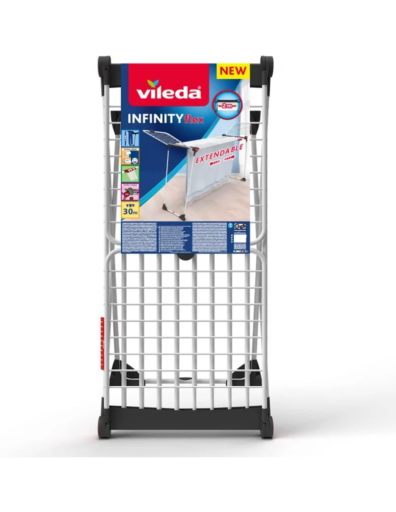 Vileda Infinity Flex Stendibiancheria Estensibile fino a 30m | Griglia Telescopica 2 Metri | Tubi XL Anti-Piega | Ideale per Lenzuola e Piumoni
