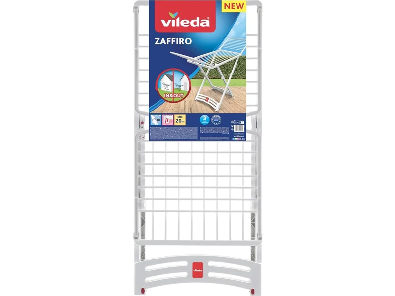 Vileda Zaffiro Stendibiancheria 20m in Resina | 100% Plastica Robusta Anti-Ruggine | Ideale per Esterno e Zone di Mare | Con Ruote e Blocco di Sicurezza | Made in Italy
