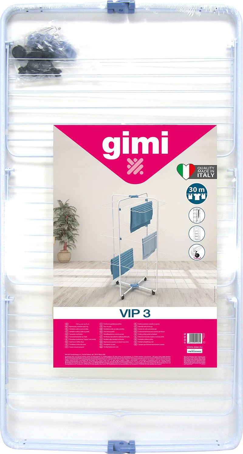 Gimi Vip 3 Stendibiancheria Verticale a Torre | 30 Metri di Stesa su 3 Livelli | Struttura in Acciaio con Ruote Piroettanti | Ideale per Box Doccia e Piccoli Spazi